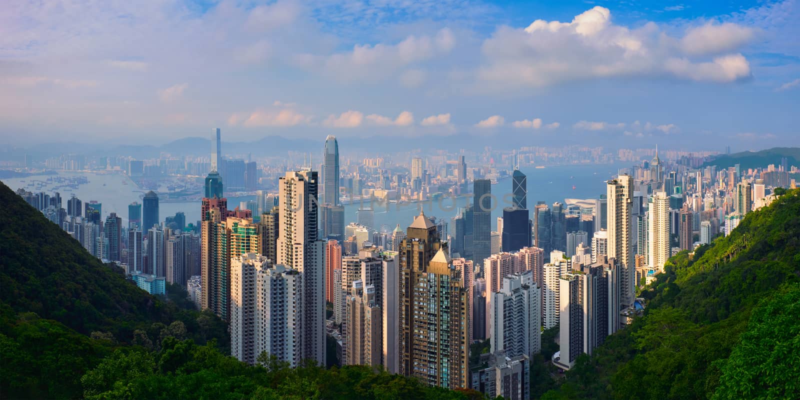 Famous view of Hong Kong - Hong Kong skyscrapers skyline cityscape panorama from Victoria Peak on sunset. Hong Kong, China