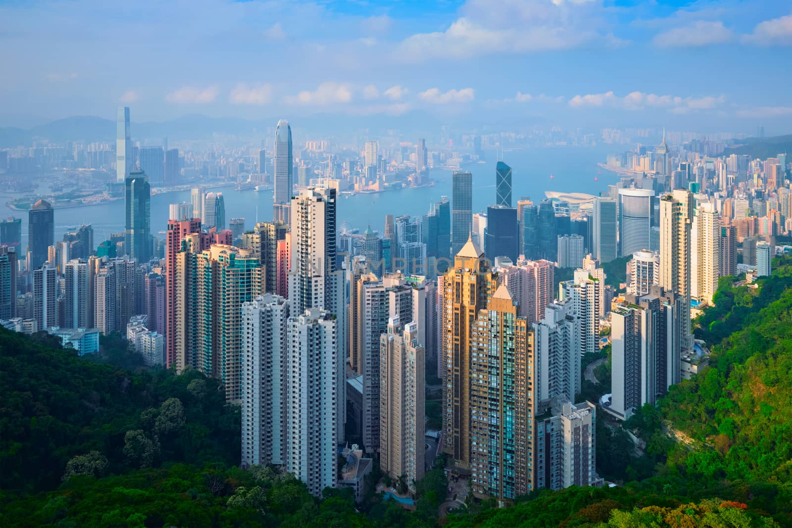 Famous view of Hong Kong - Hong Kong skyscrapers skyline cityscape view from Victoria Peak on sunset. Hong Kong, China