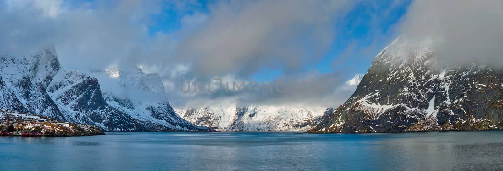 Norwegian fjord and mountains in winter. Lofoten islands, Norway by dimol