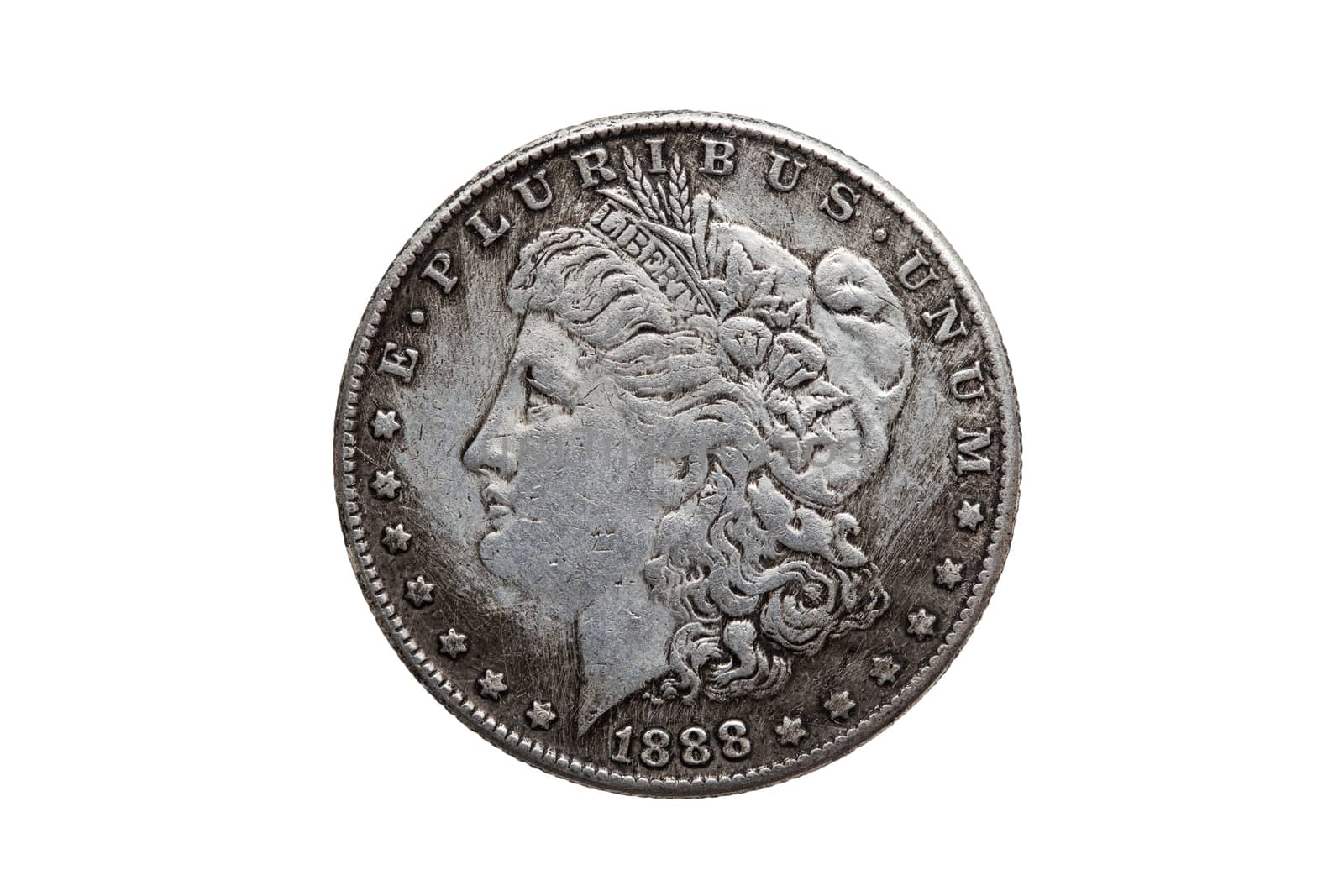 USA One Dollar Morgan Silver Coin replica dated 1880 with a portrait image of Liberty on the obverse cut out and isolated on a white background