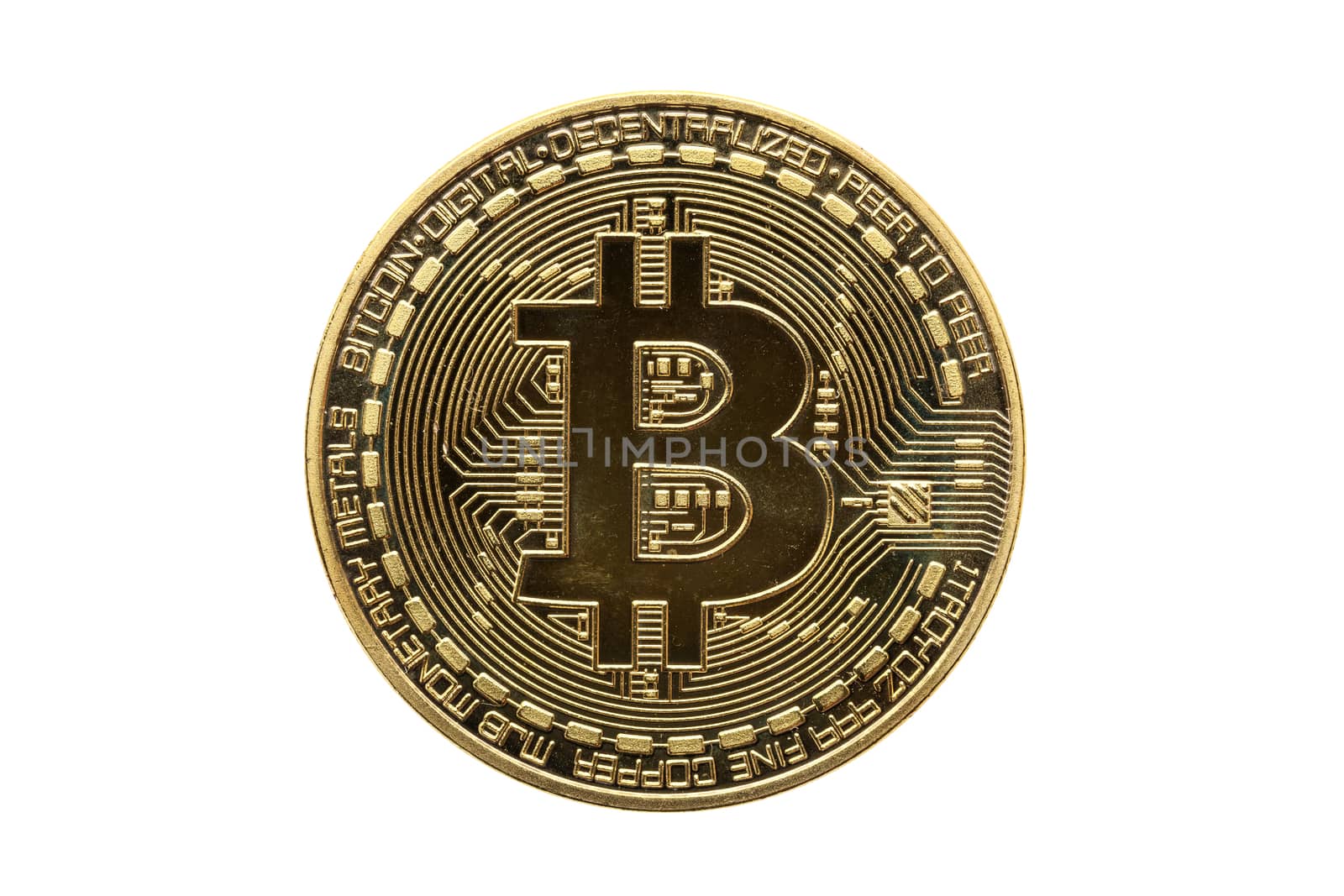 Gold Bitcoin cryptocurrency money currency coin cut out and isolated on a white background