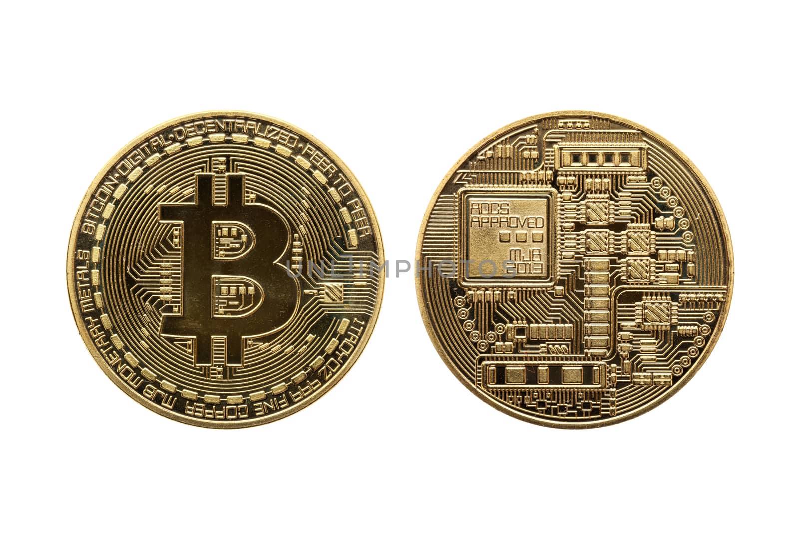 Gold Bitcoin cryptocurrency money currency coin cut out and isolated on a white background