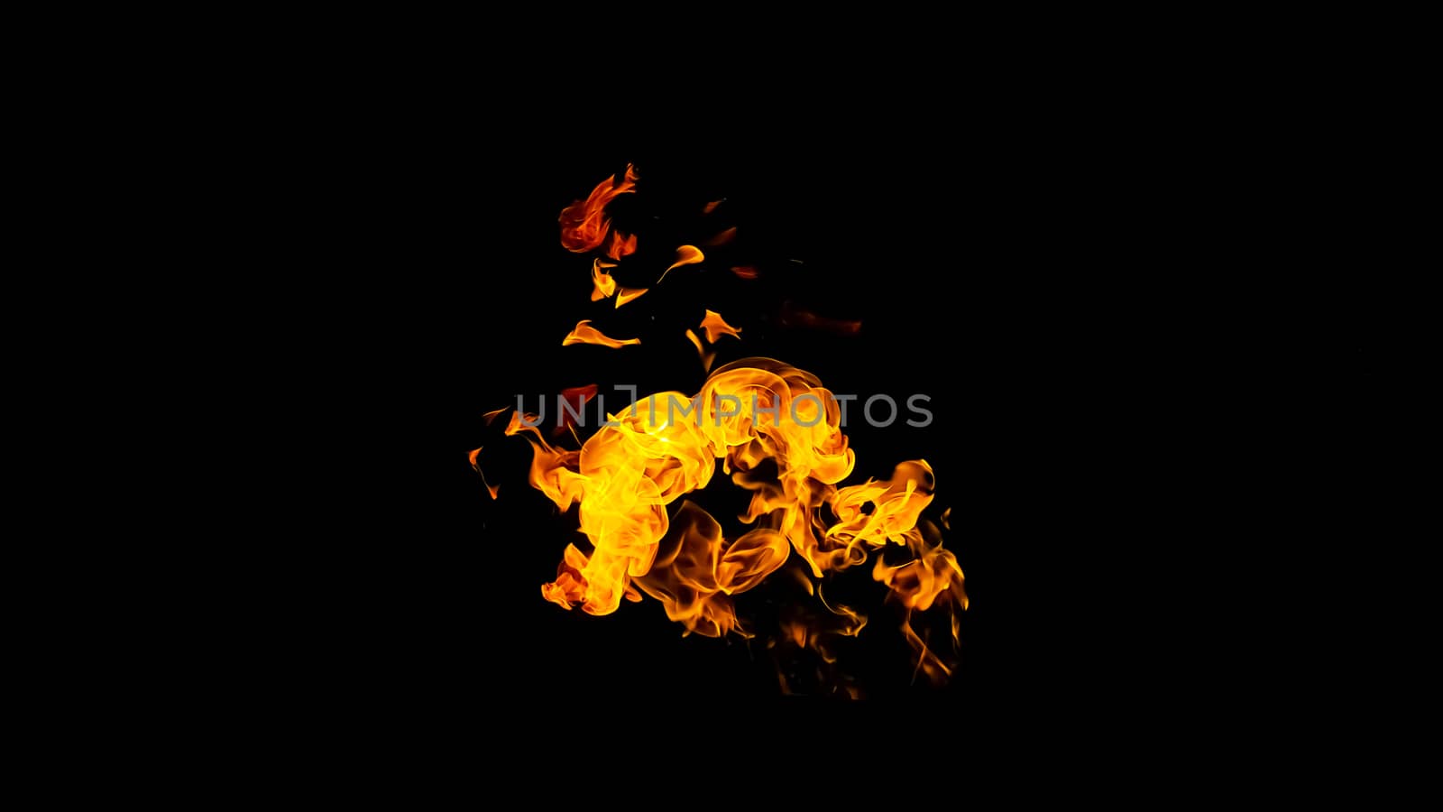 Fire flames on black background isolated. Burning gas or gasoline burns with fire and flames. Flaming burning sparks close-up, fire patterns. Infernal glow of fire in the dark with copy-space