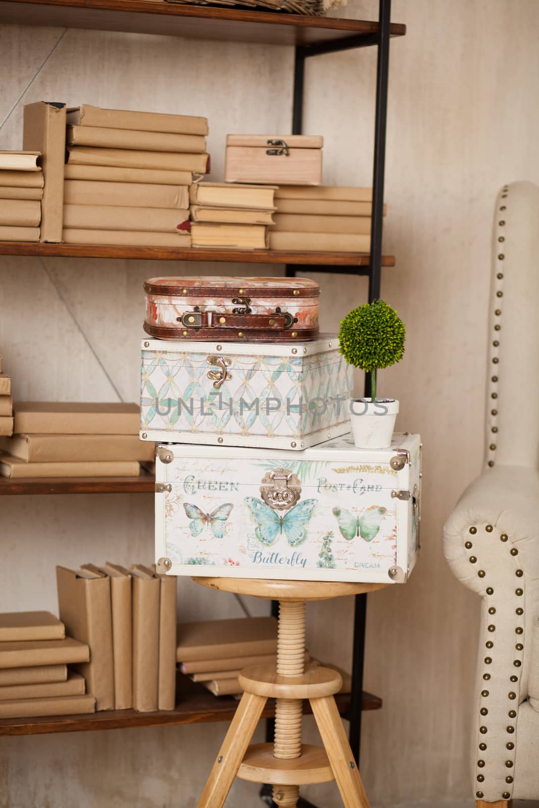 casket for needlework with flower, sewing in style interior