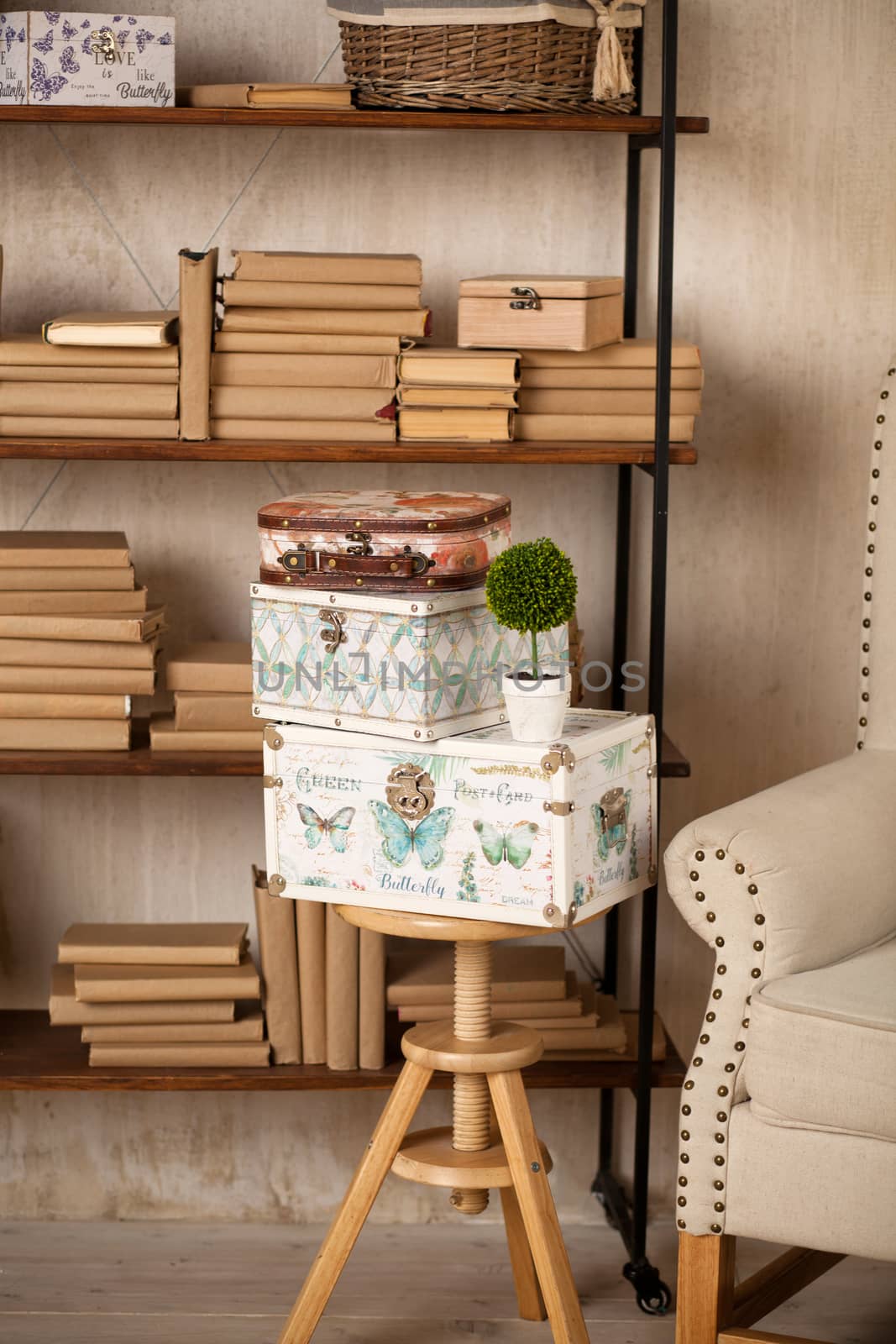 casket for needlework with flower, sewing in style interior