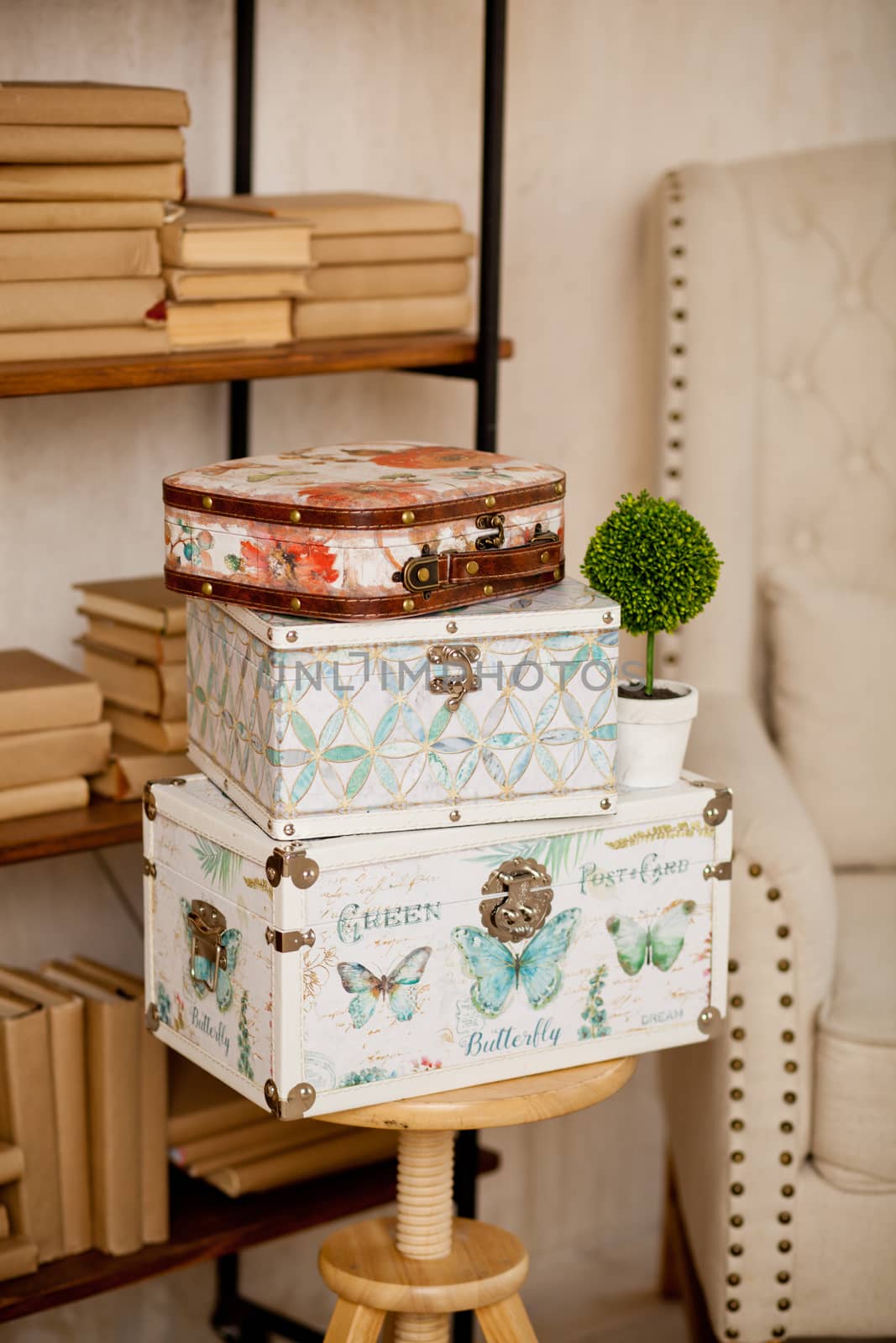 casket for needlework with flower, sewing in style interior