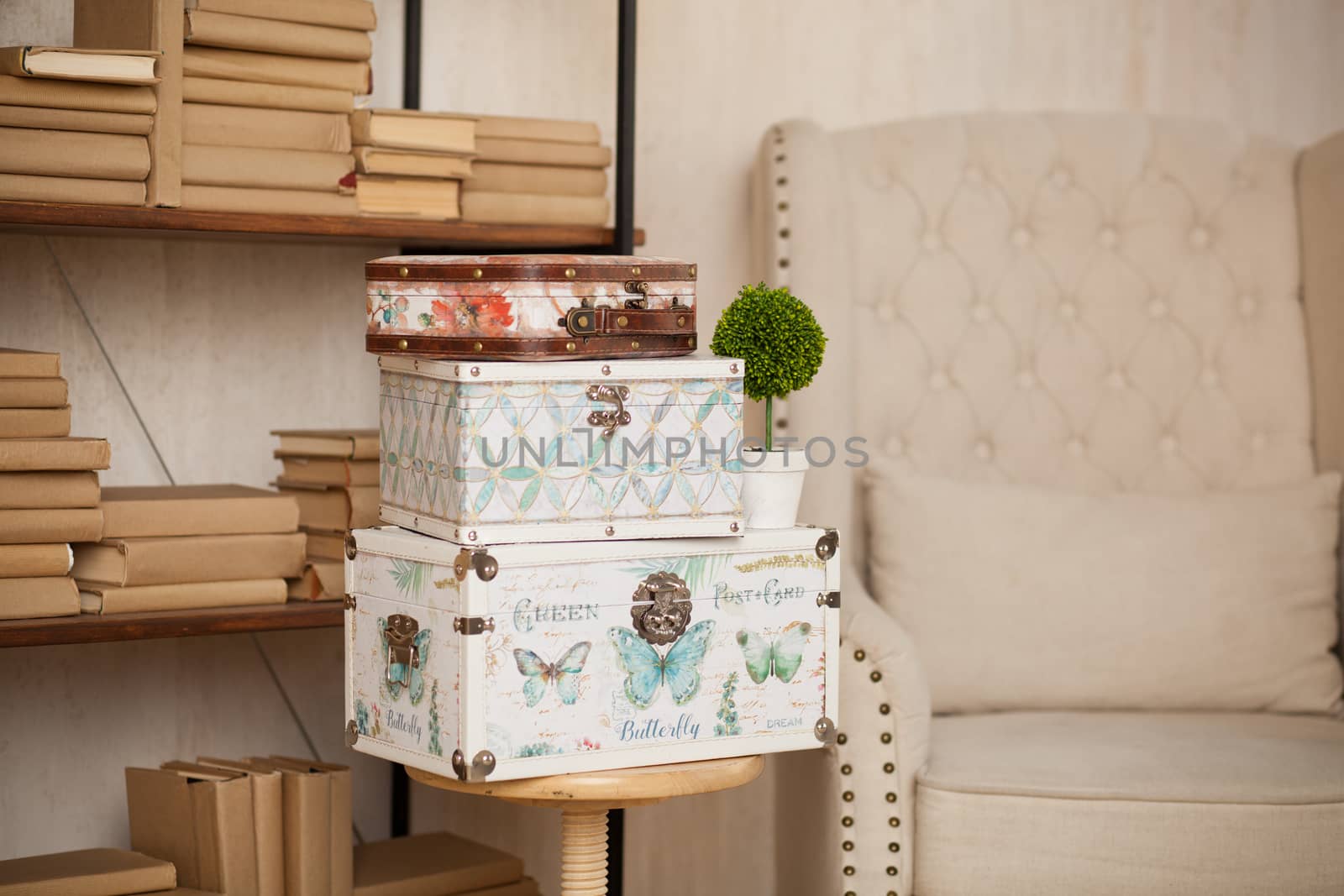 casket for needlework with flower, sewing in style interior