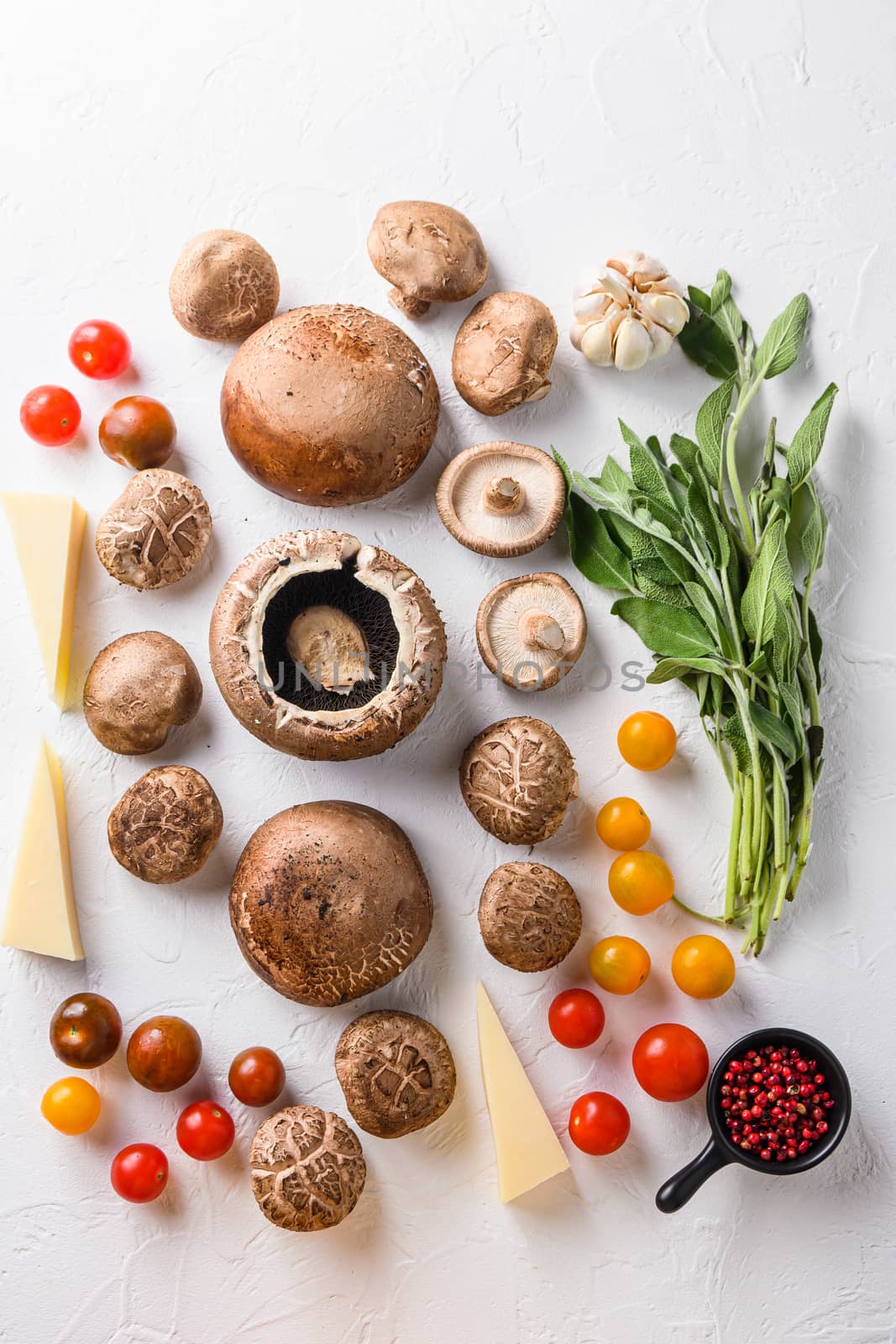 Portabello mushrooms ingredients for baking, cheddar cheese, cherry tomatoes and sage on white background, top view