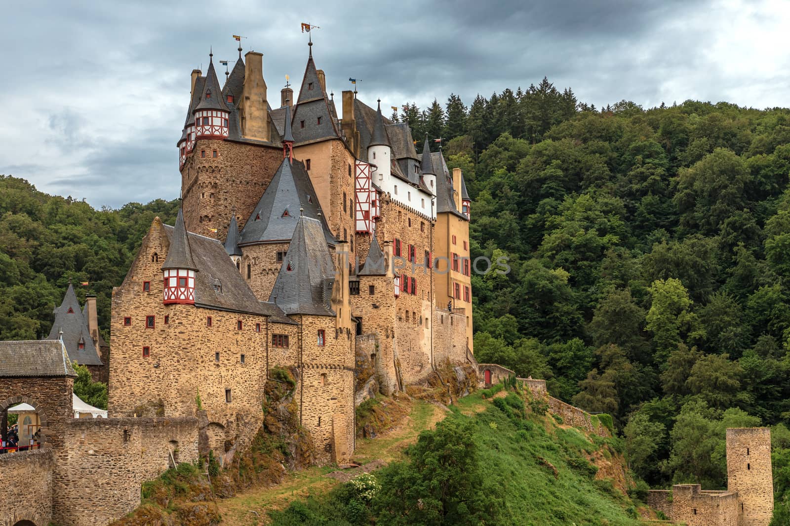 fairytale castle Eltz on the Moselle, Germany, with dramatic sky



