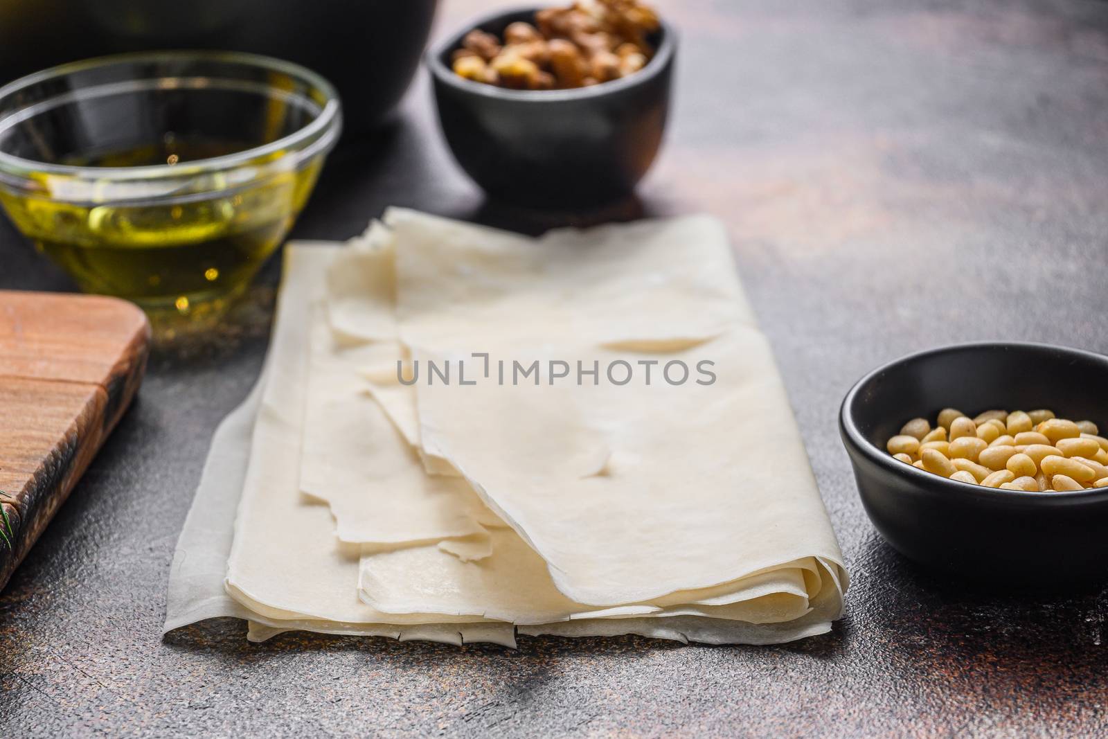 Spanakopita ingredients filo spinach feta side view