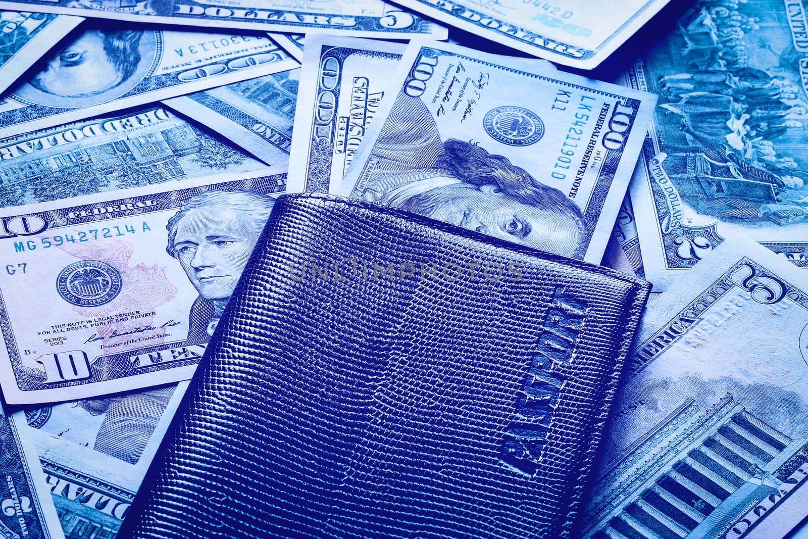 Background with money american dollar bills and passport. Cash dollars.