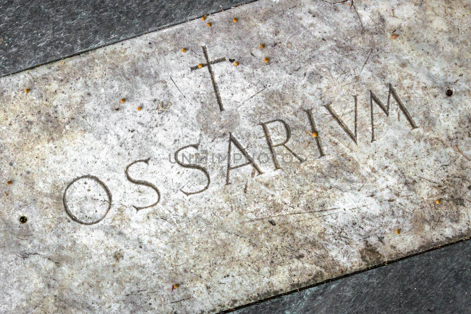 Burial urn with the engraving in Latin "Ossarium" (translation from Latin Ossario).