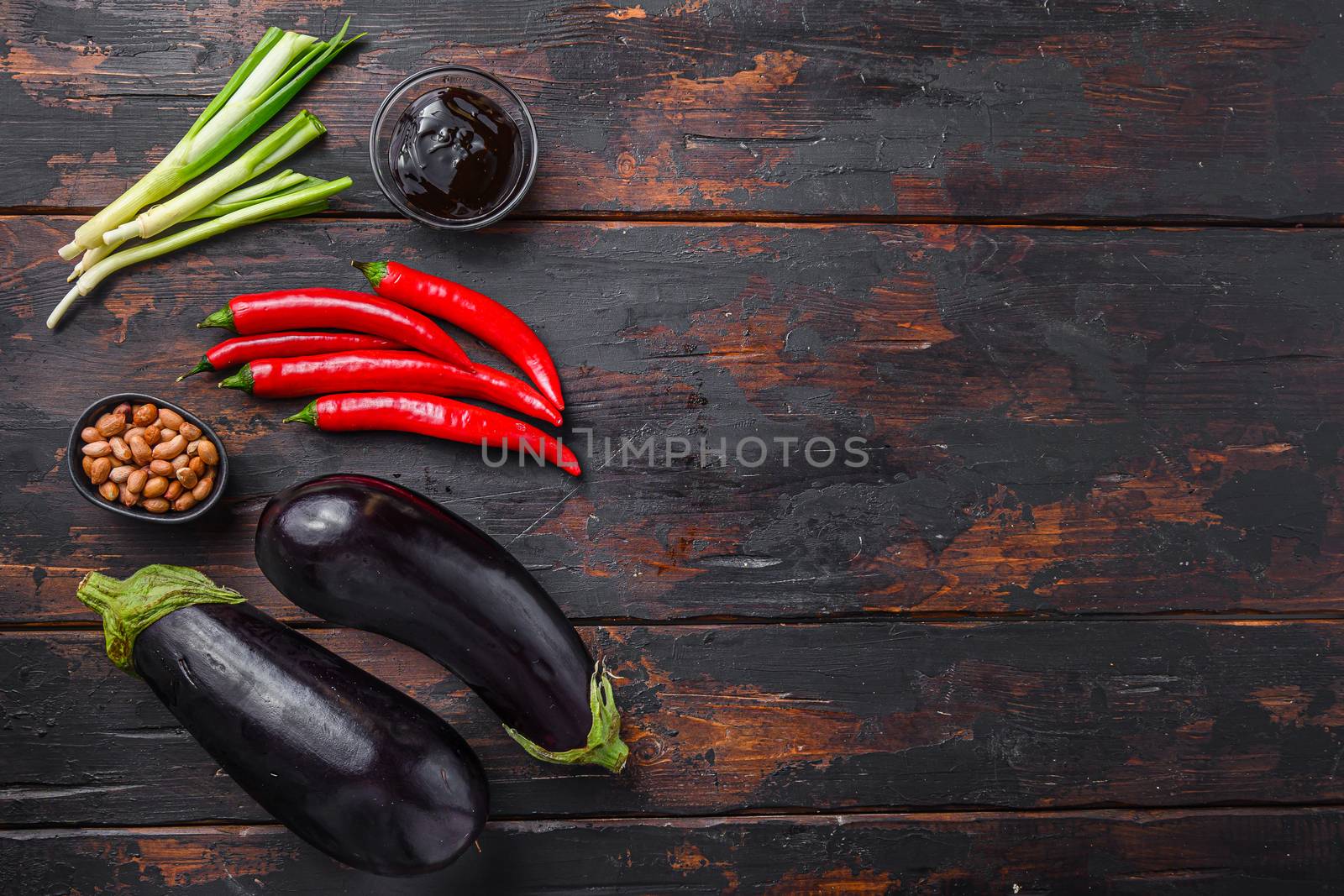 Sticky teriyaki aubergine ingredients, top view space for text