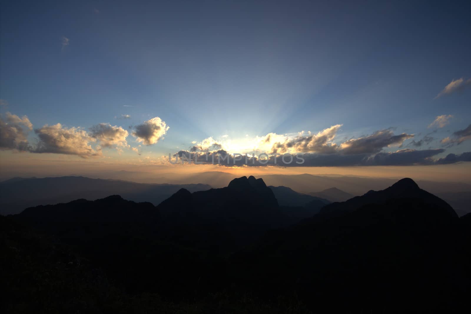 Sunset at the top of the hill at Doi Luang, Chiang Dao, Thailand