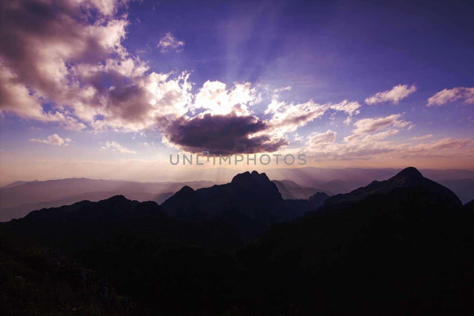 Sunset at the top of the hill at Doi Luang, Chiang Dao, Thailand