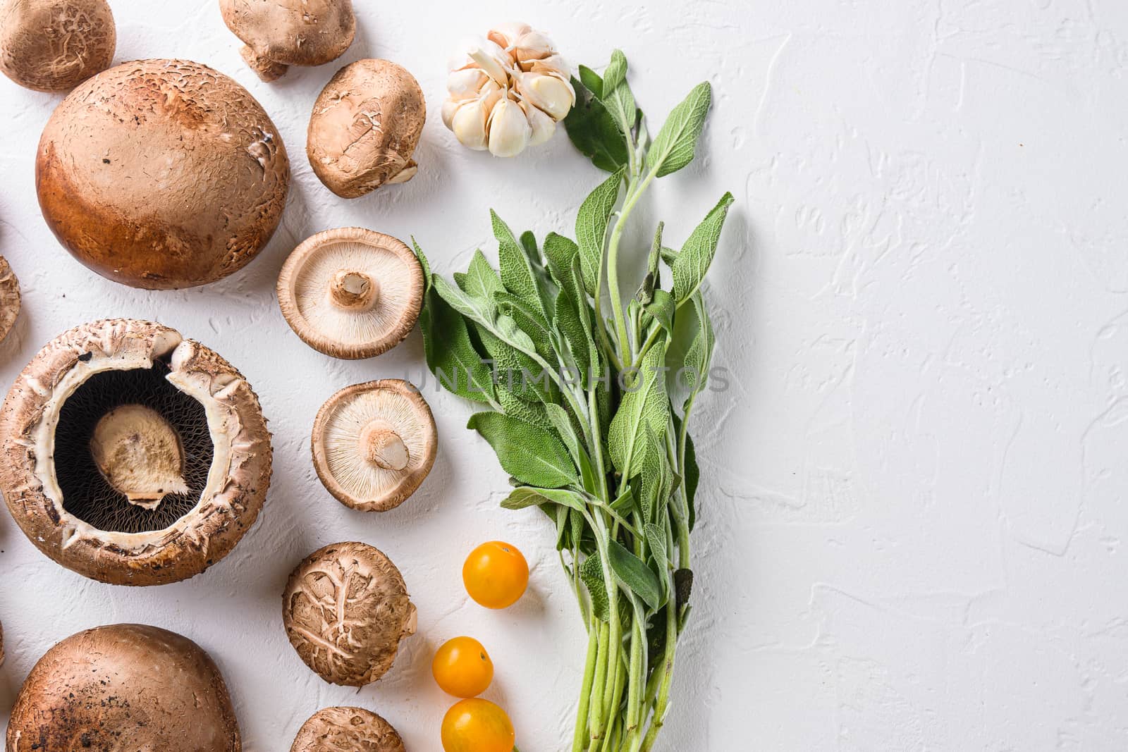 Mushrooms ingredients for baking portobello, cheddar cheese, cherry tomatoes and sage on white background top view space for text