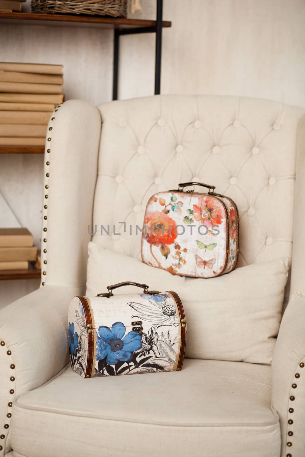 casket for needlework with flower, sewing in style interior