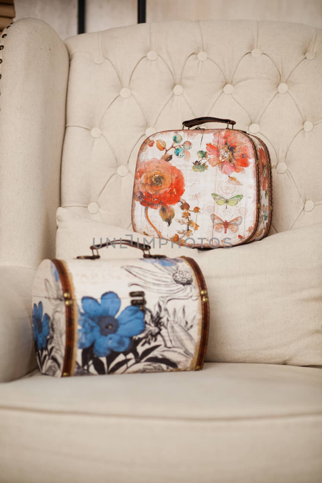 casket for needlework with flower, sewing in style interior