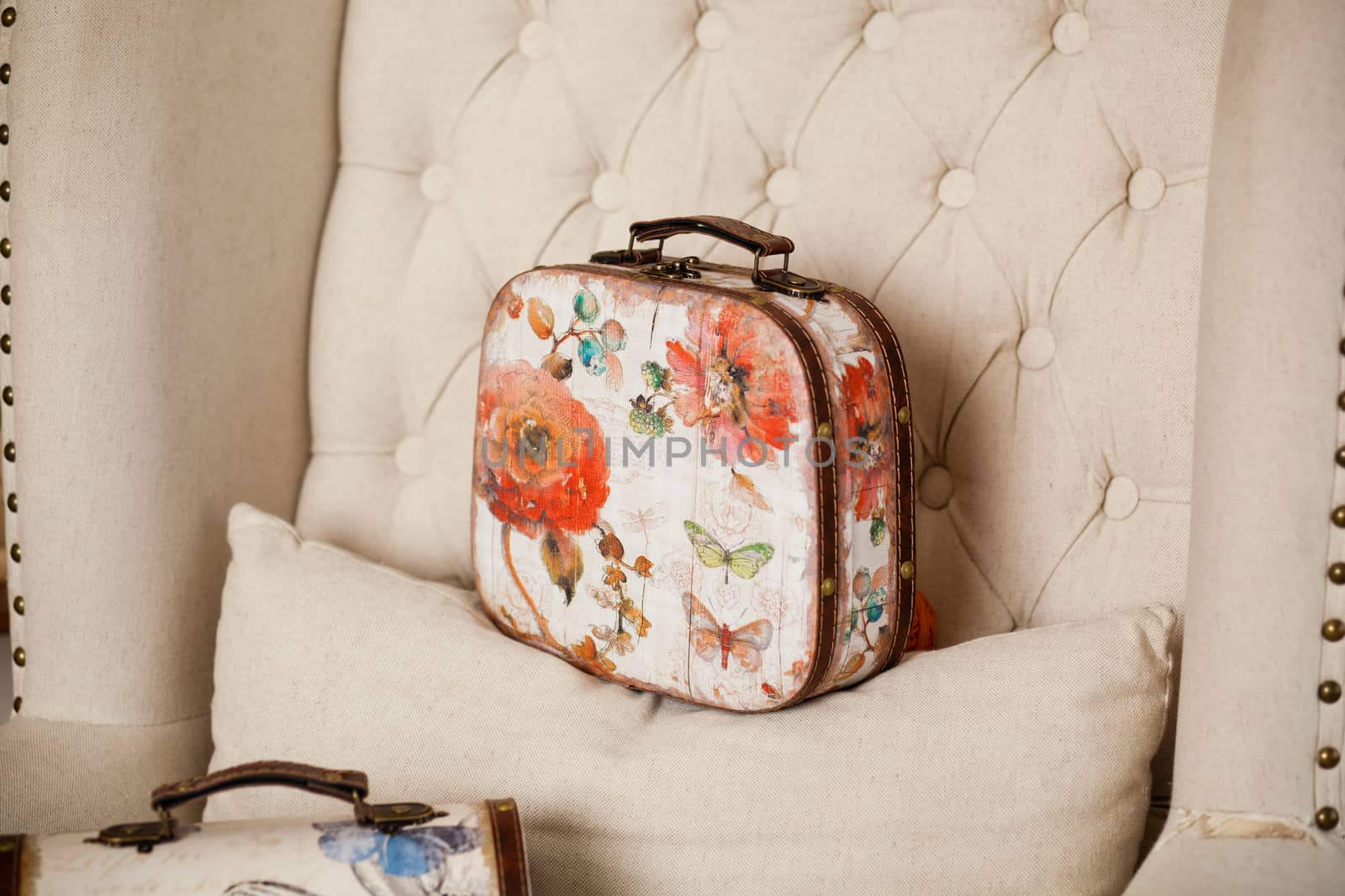 casket for needlework with flower, sewing in style interior
