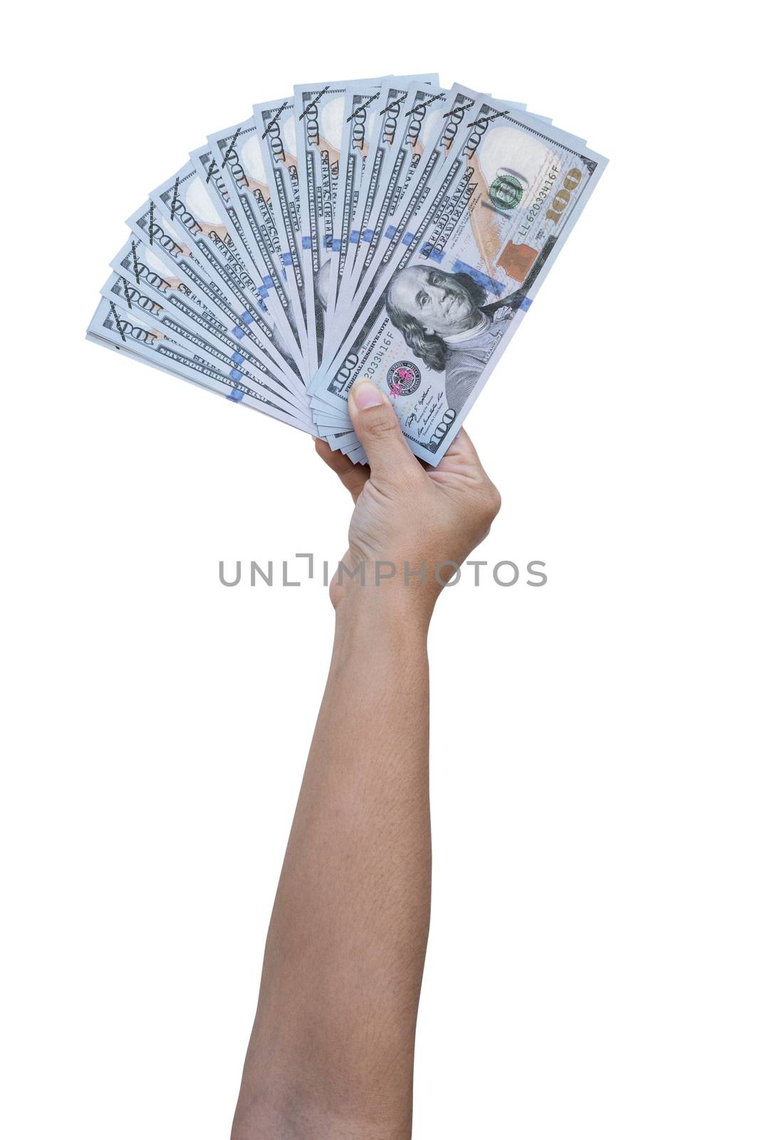 hundreds of dollars in rise up hand on a white background