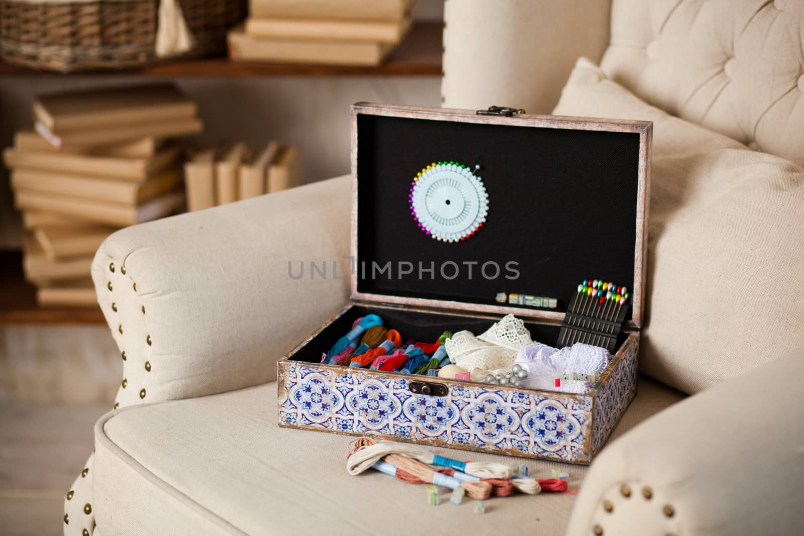 casket for needlework with flower, sewing in style interior