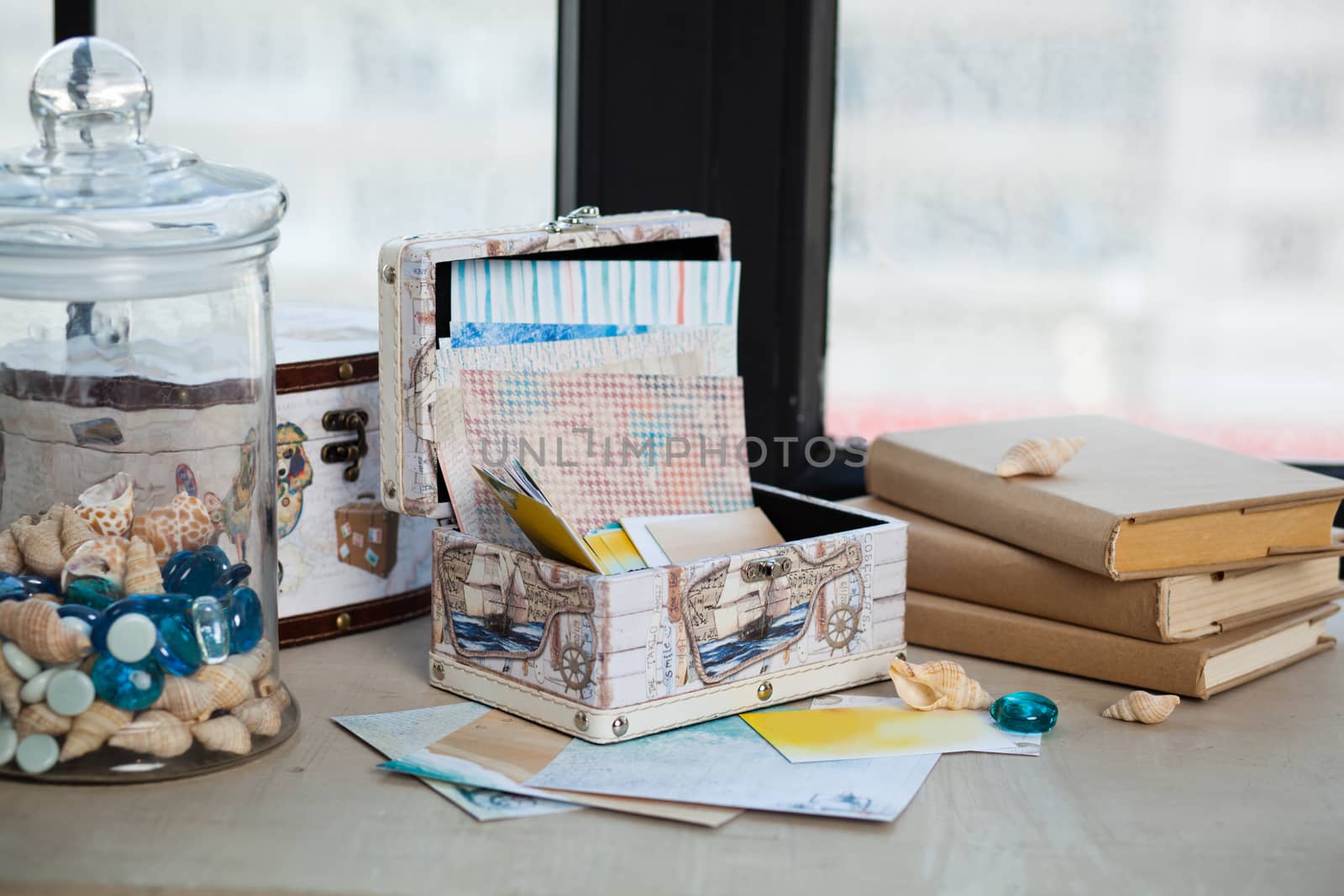 casket for needlework with flower, sewing in style interior