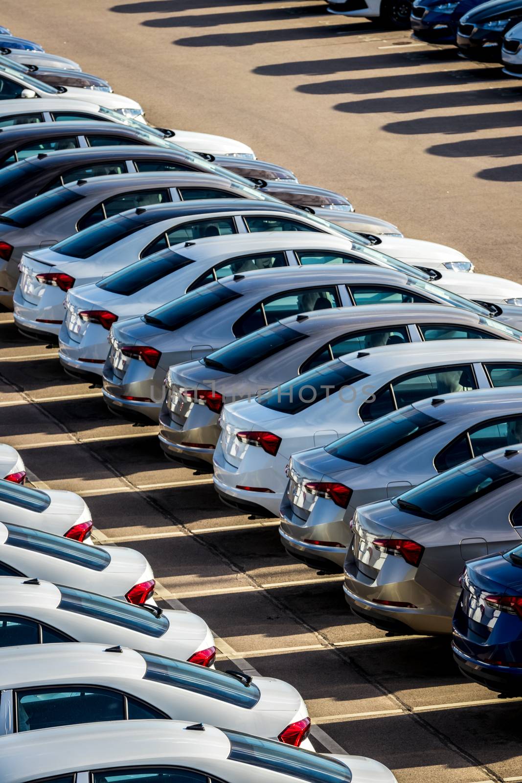 Rows of a new cars parked in a distribution center on a car factory on a sunny day. Parking in the open air.