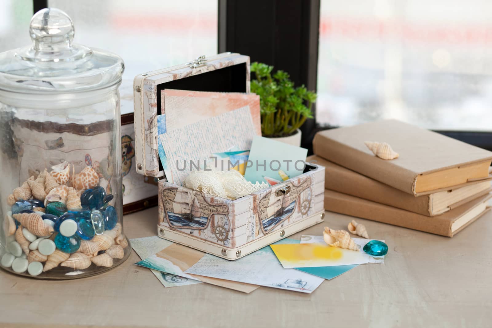 casket for needlework with flower, sewing in style interior