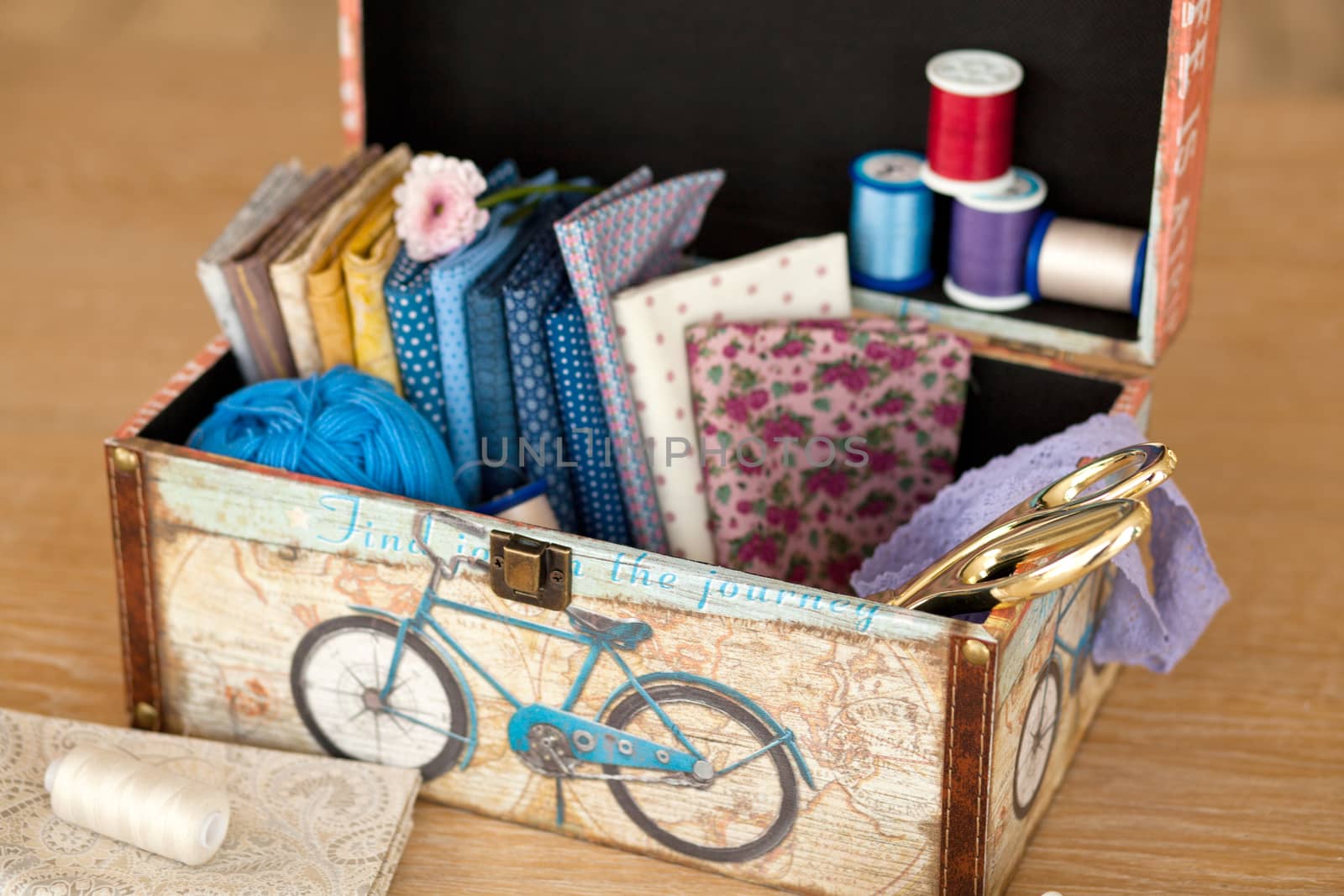 casket for needlework with flower, sewing in style interior