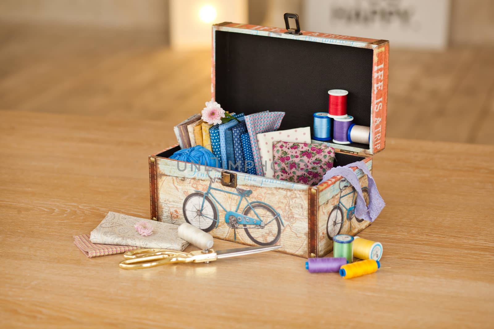 casket for needlework with flower, sewing in style interior