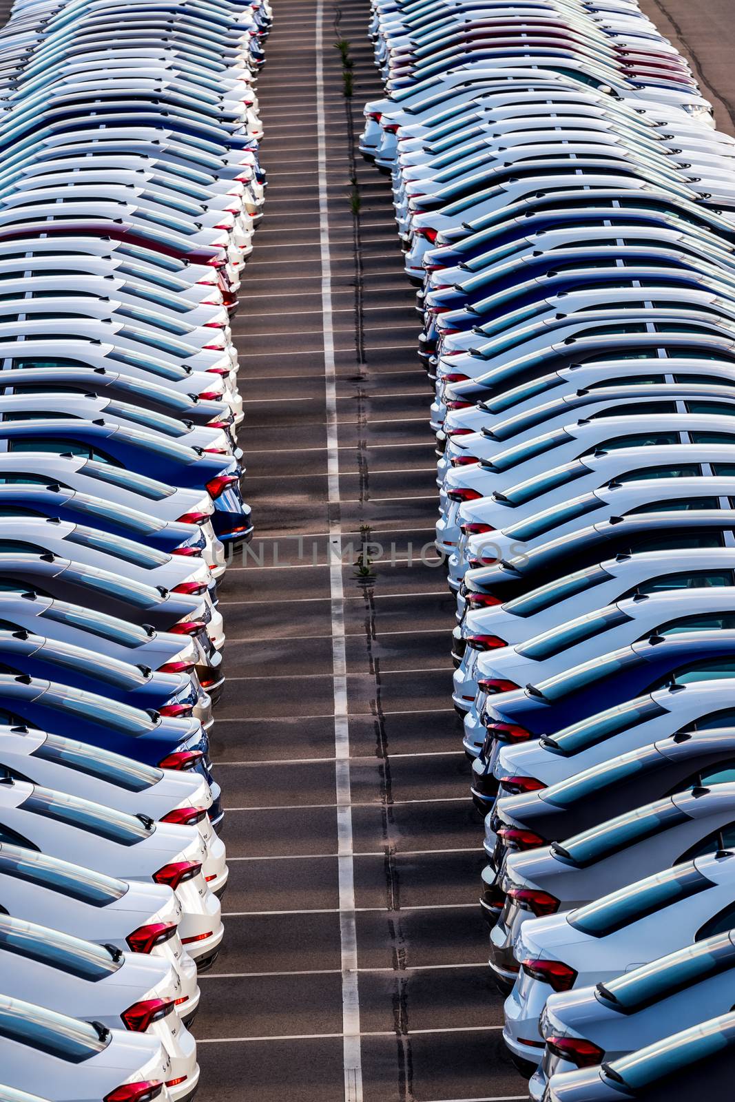 Rows of a new cars parked in a distribution center on a car factory on a sunny day. Parking in the open air.