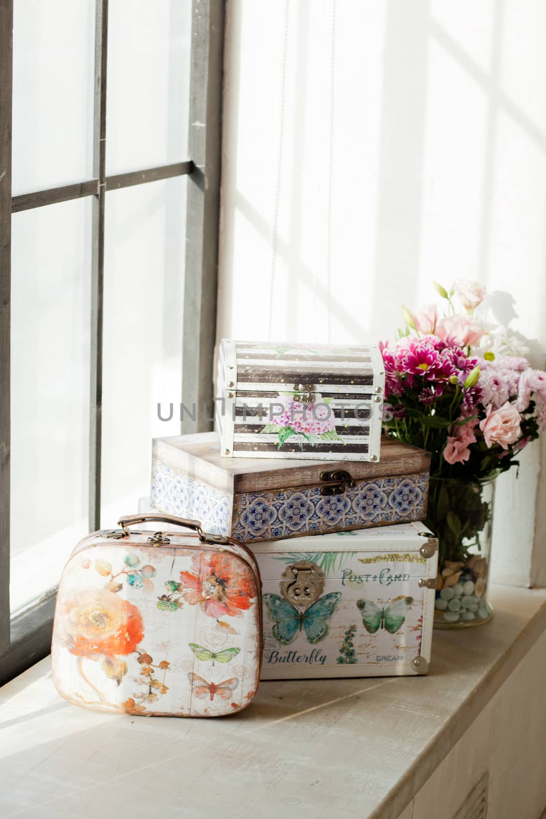 casket for needlework with flower, sewing in style interior