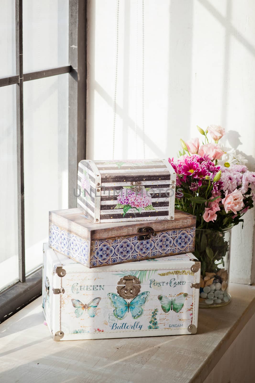 casket for needlework with flower, sewing in style interior