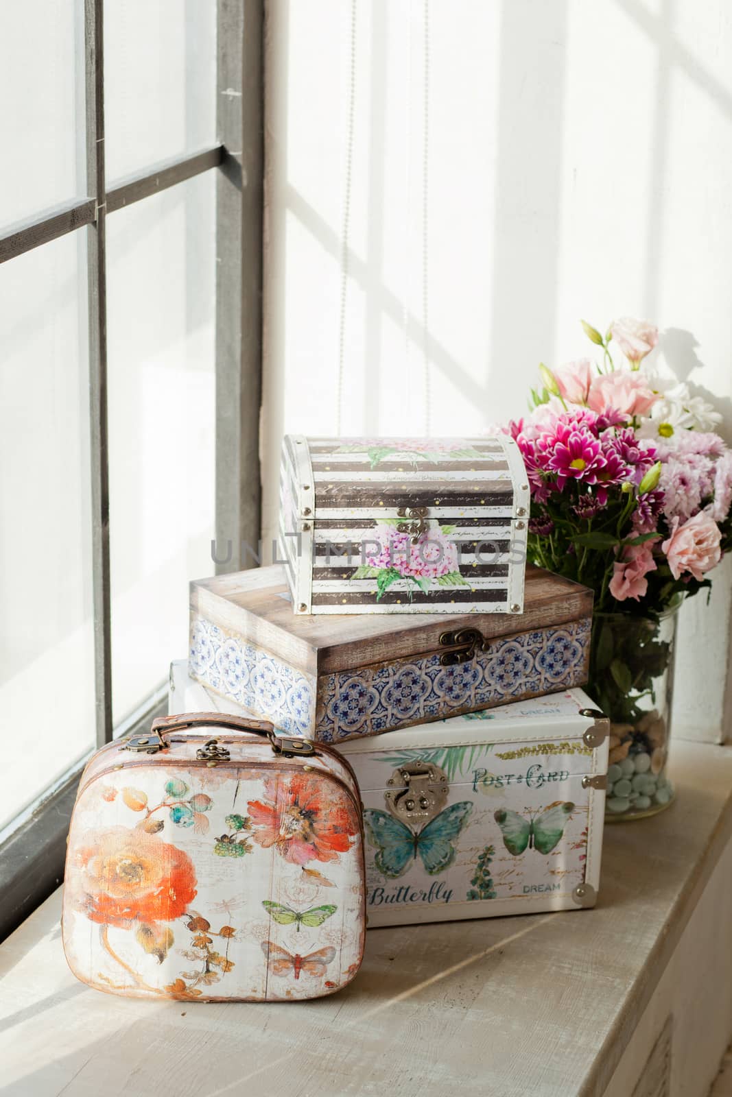 casket for needlework with flower, sewing in style interior