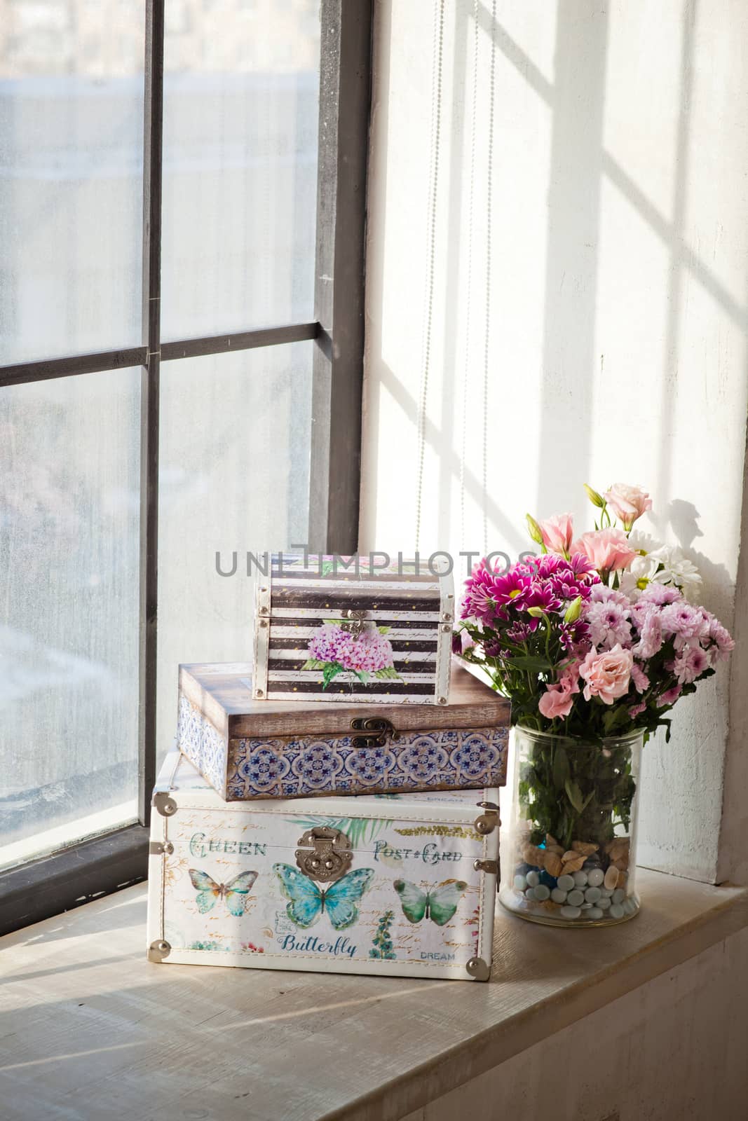 casket for needlework with flower, sewing in style interior