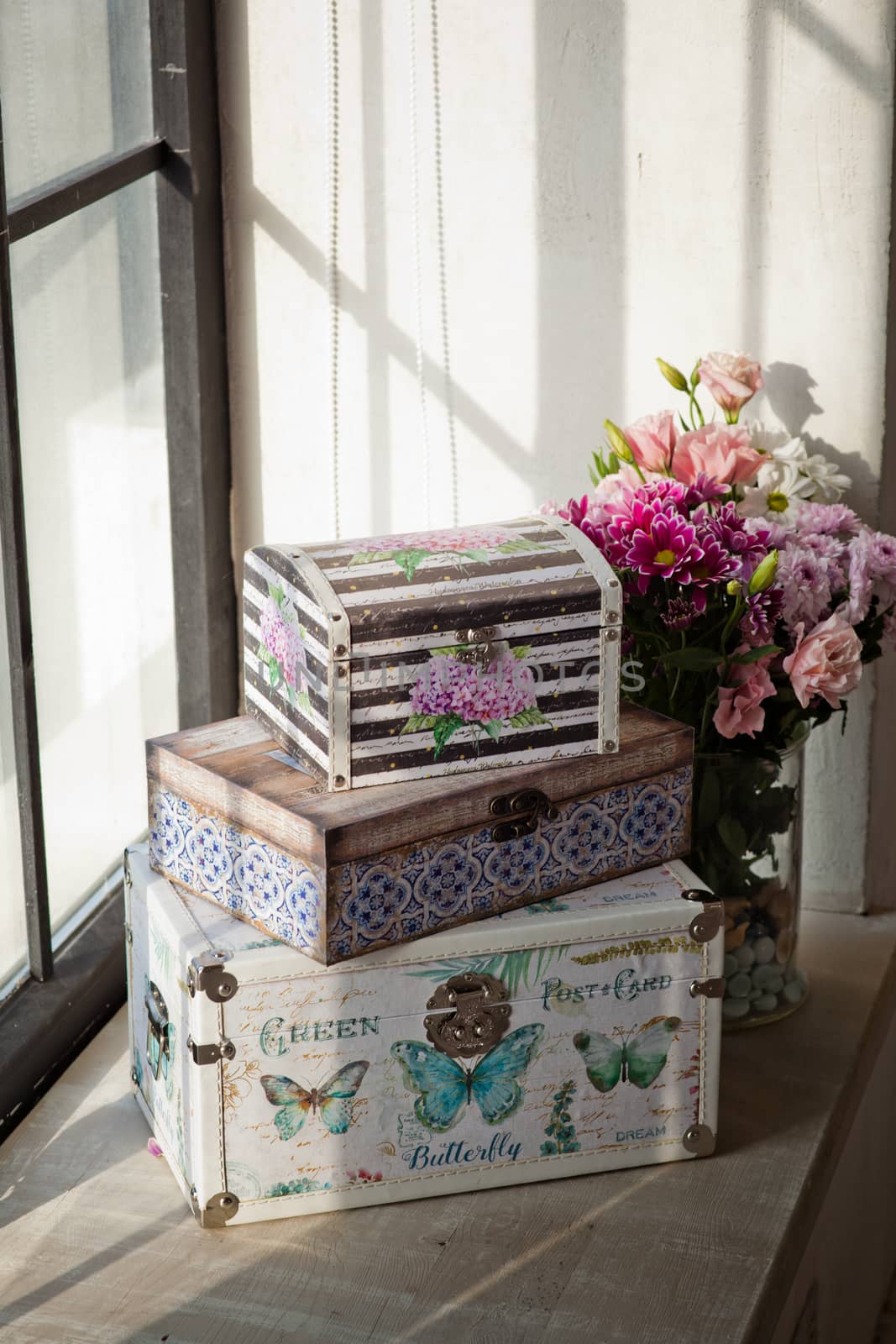 casket for needlework with flower, sewing in style interior