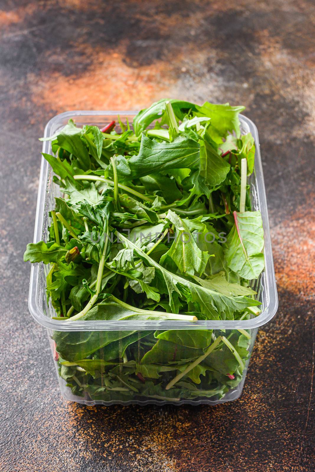 Organic Arugula Chard and Mizuna salad mix in plastic container side view. by Ilianesolenyi