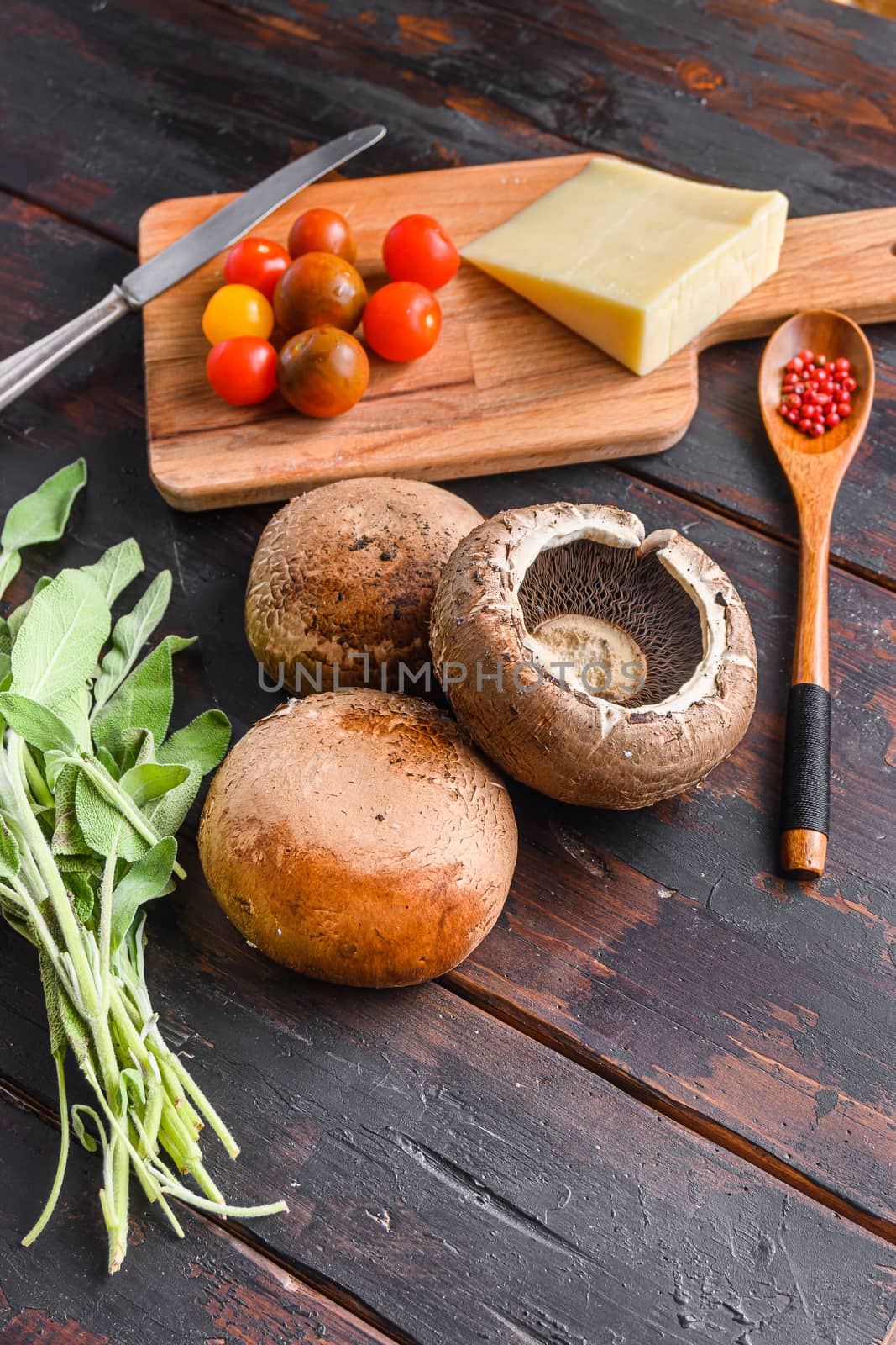 Portabello mushrooms ingredients for baking, cheddar cheese and sage on black background. Side view by Ilianesolenyi
