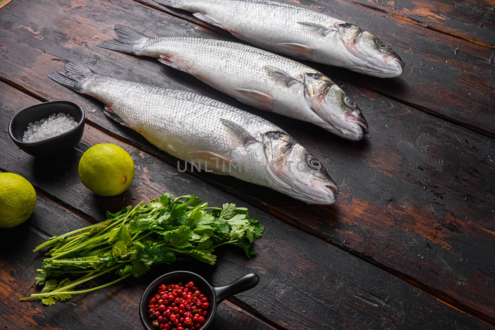 Fresh raw european bass with spices and herbs ingredients on old fisherman dark wooden table side view space for price.