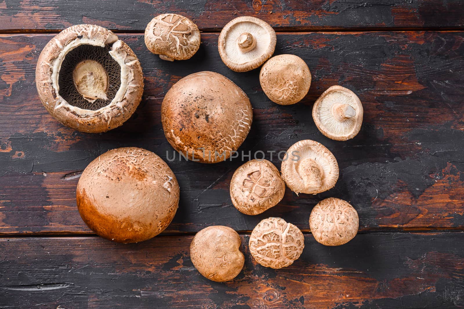 Shiitake and portobello mushrooms set on old wooden table, top view space for text