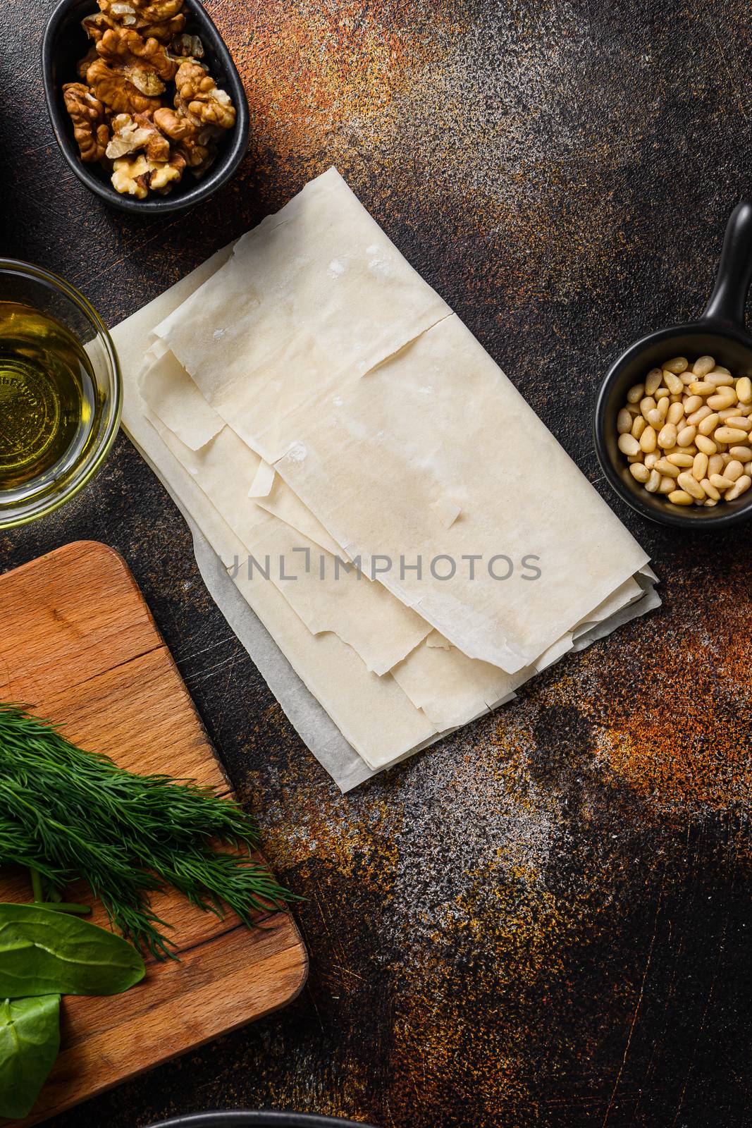 Spanakopita ingredients filo spinach feta top view