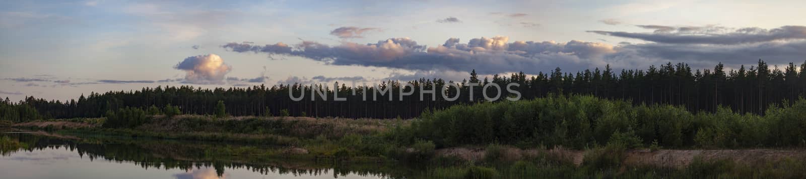 Lake and pine forest at the sunset by Angorius