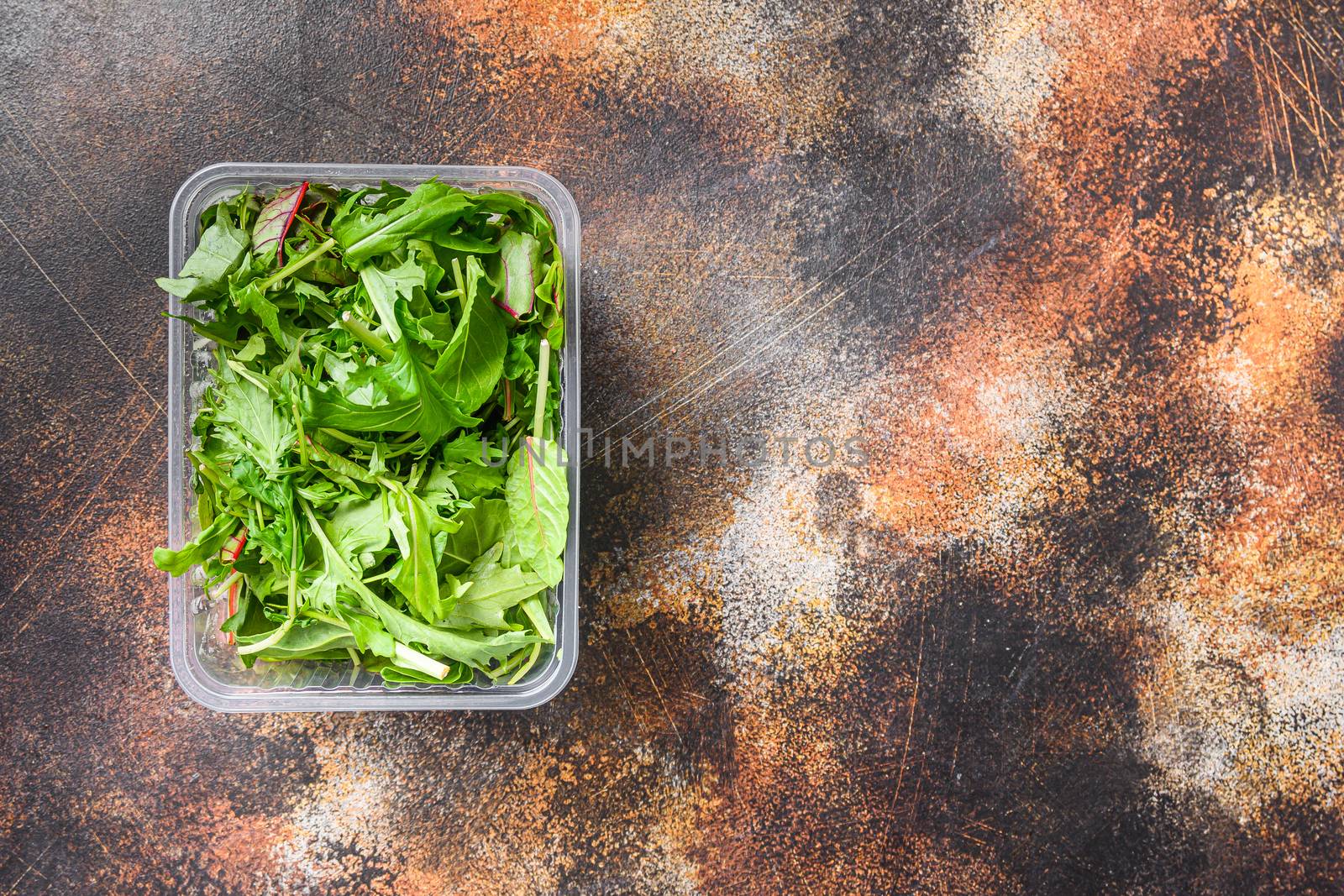 Fresh Arugula Chard and Mizuna in plastic container top view space for text