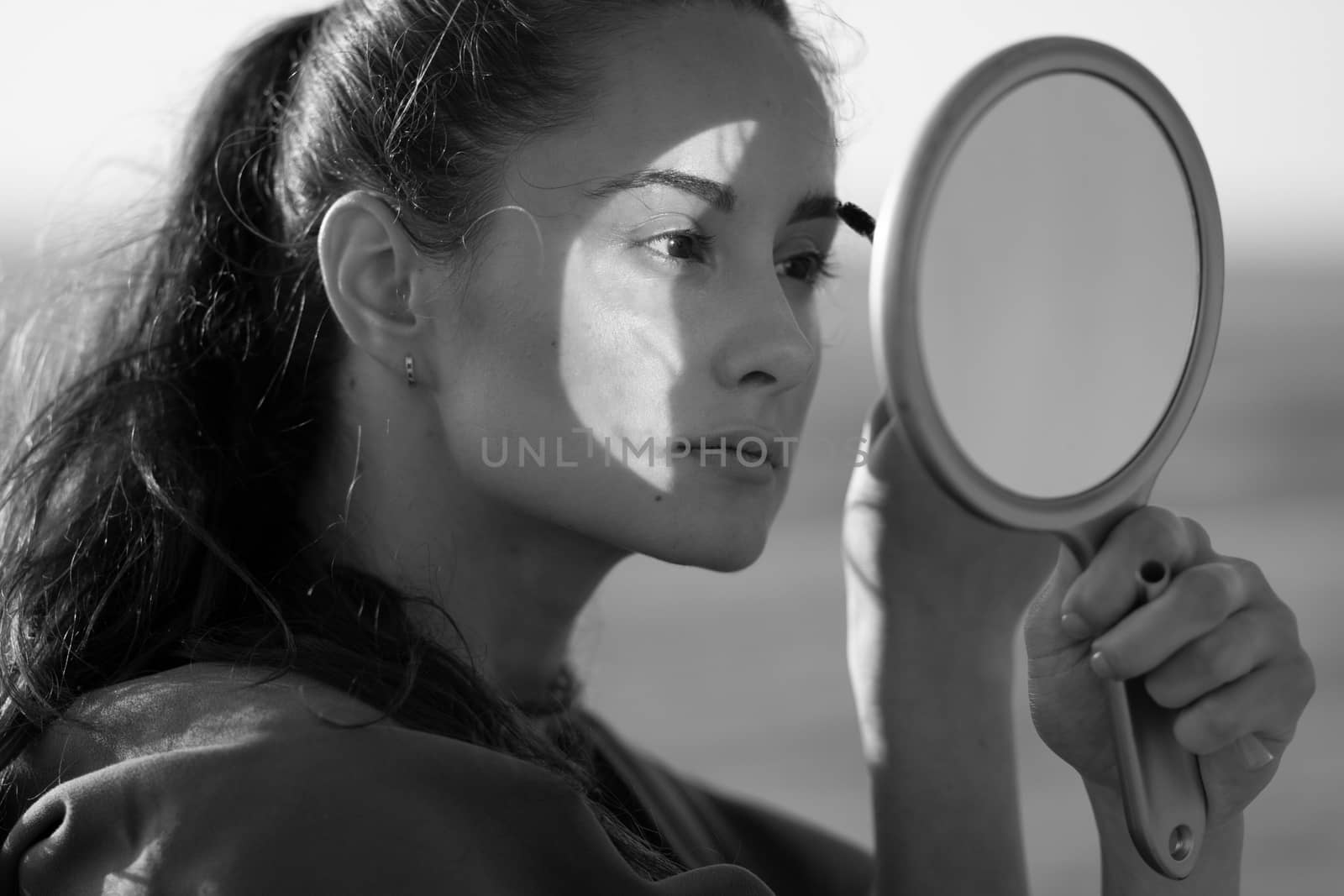 woman mirror make-up cosmetic black and white by timwit