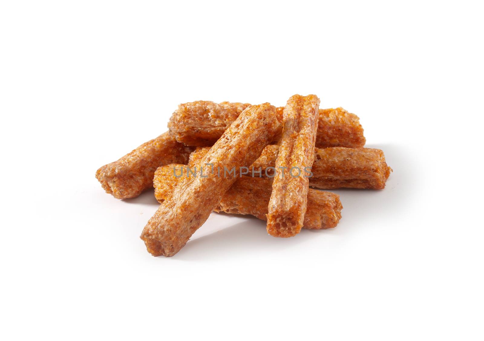 Isolated handful of croutons on the white background