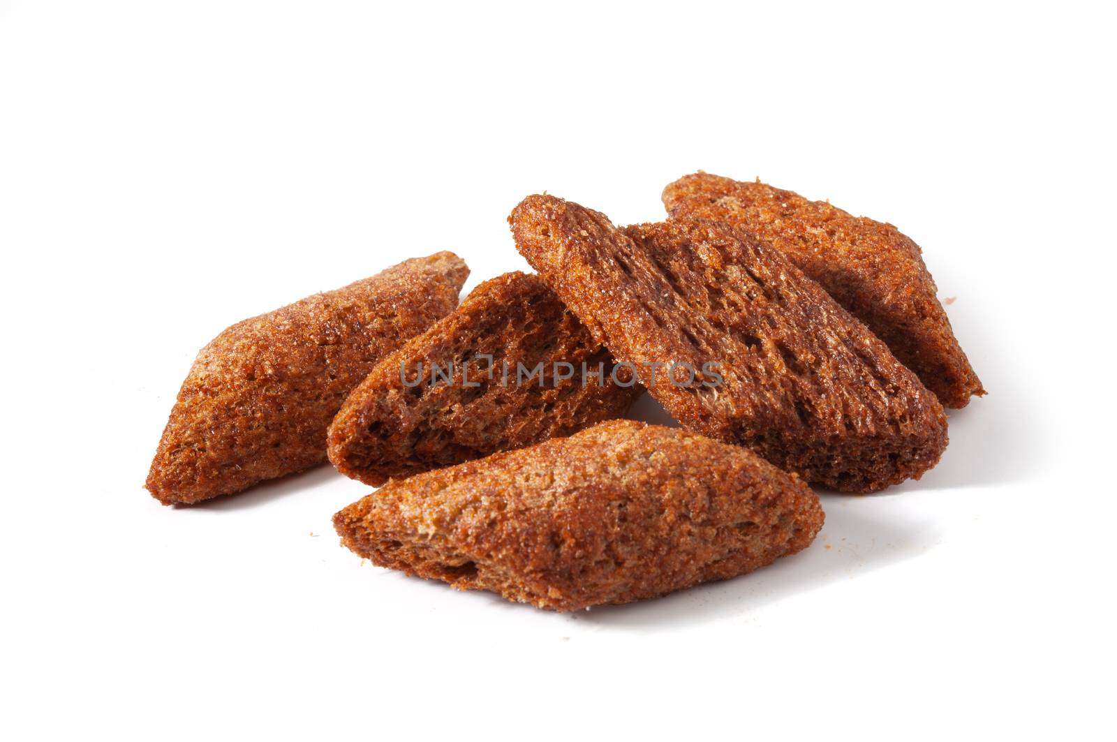 Isolated handful of croutons on the white background