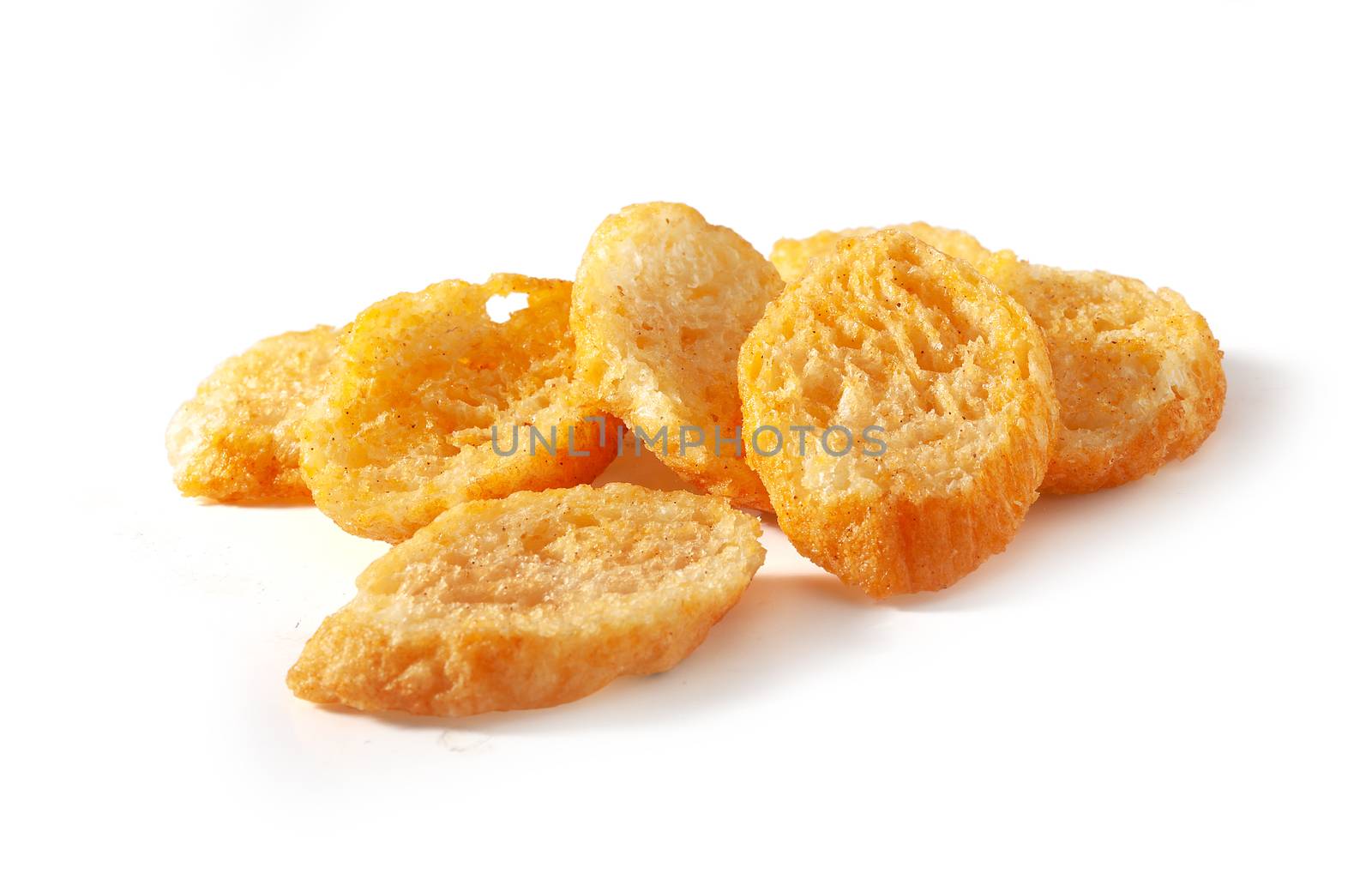 Isolated handful of croutons on the white background