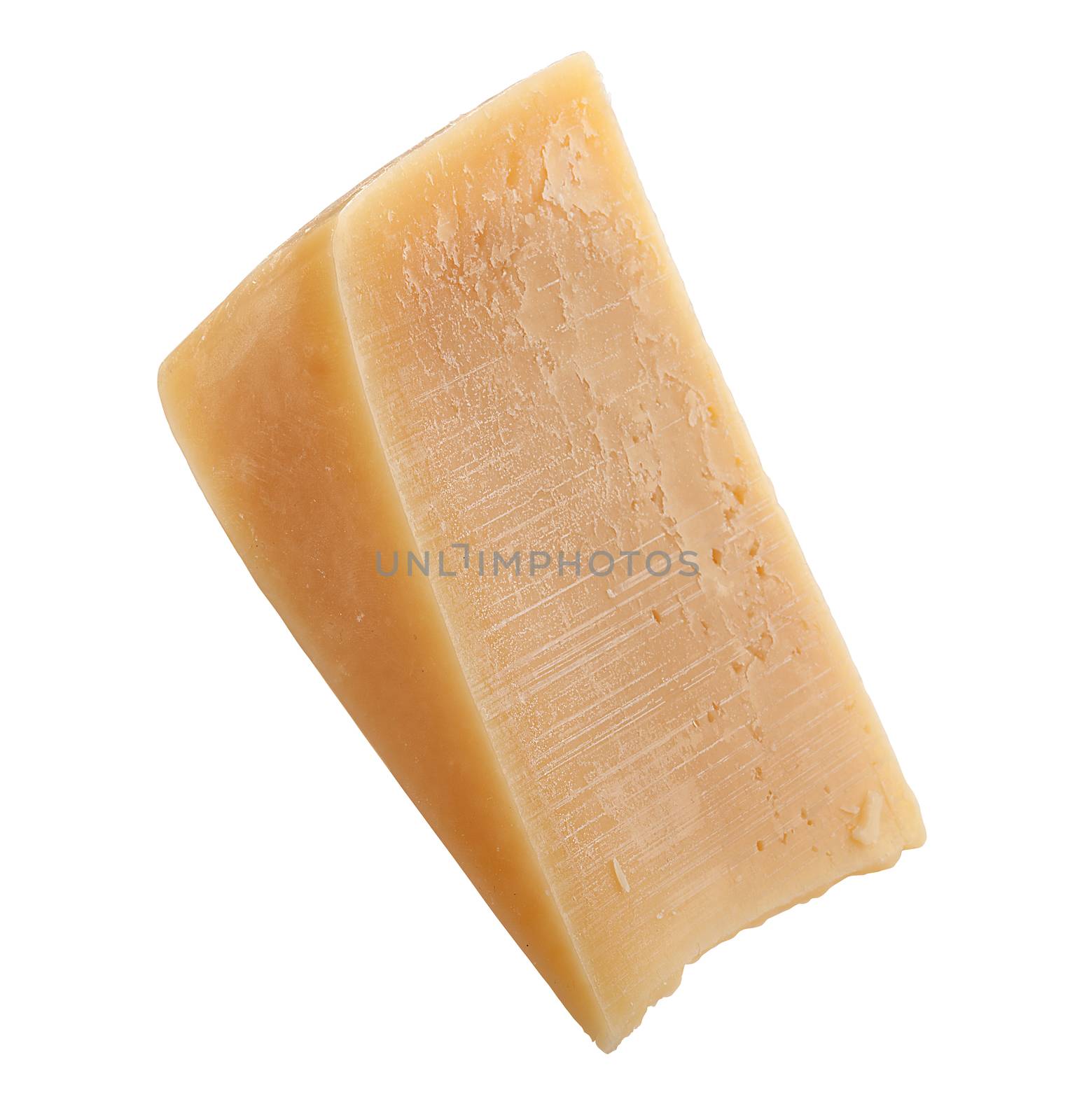 Isoalted slice of parmesan cheese on the white background
