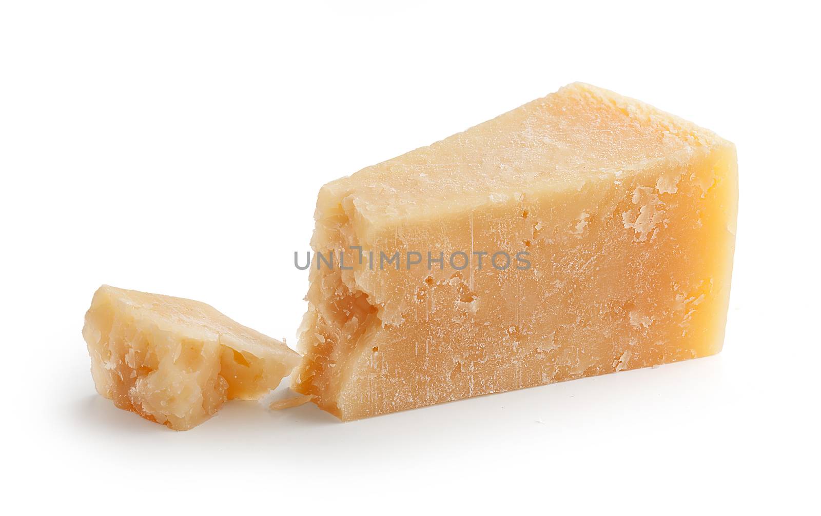 Isolated slice of parmesan cheese on the white background