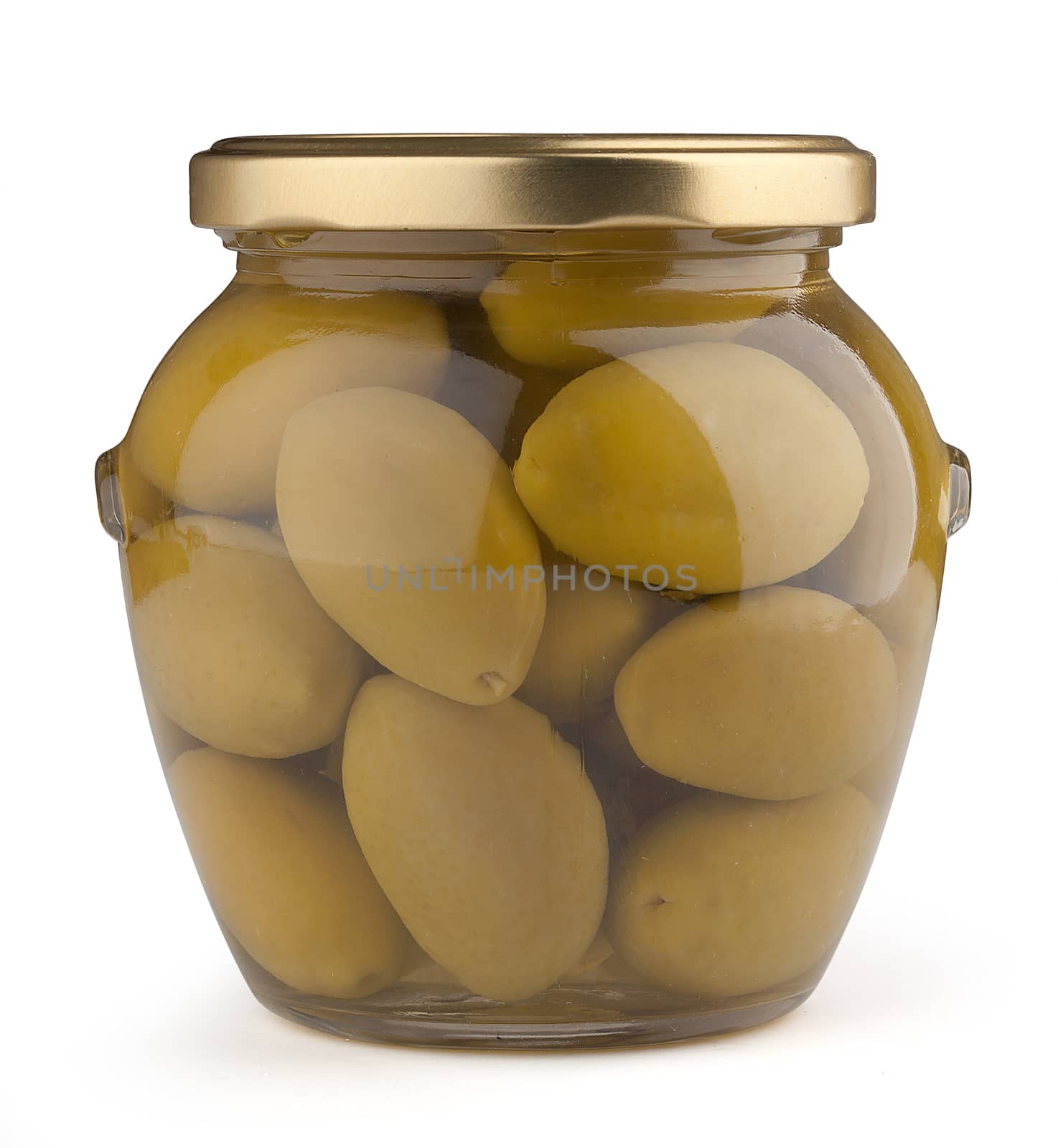 Marinated giant olives in a glass jar on the white